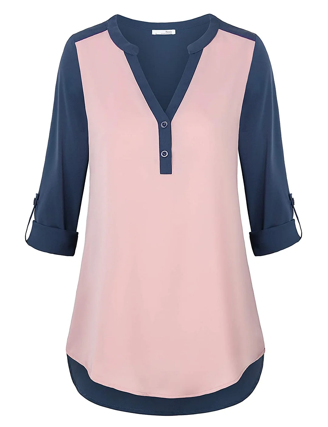 Women's Chiffon V Neck Blouse 3/4 Roll up Sleeve Button Down Shirt Tops for Women Spring Summer