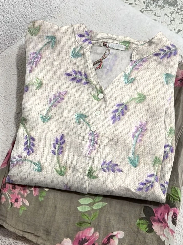 Women's Vintage Flower Art Print Casual Cotton And Linen Shirt