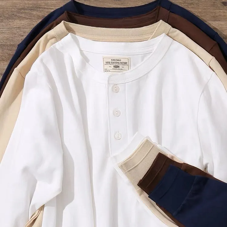Classic Henley Neck Long Sleeve Shirt - 100% Cotton Men's T