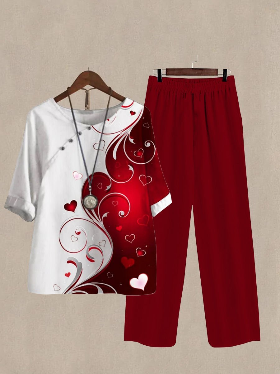 Women's Floral Heart Print Half Sleeve Top And Casual Pants Two Pieces