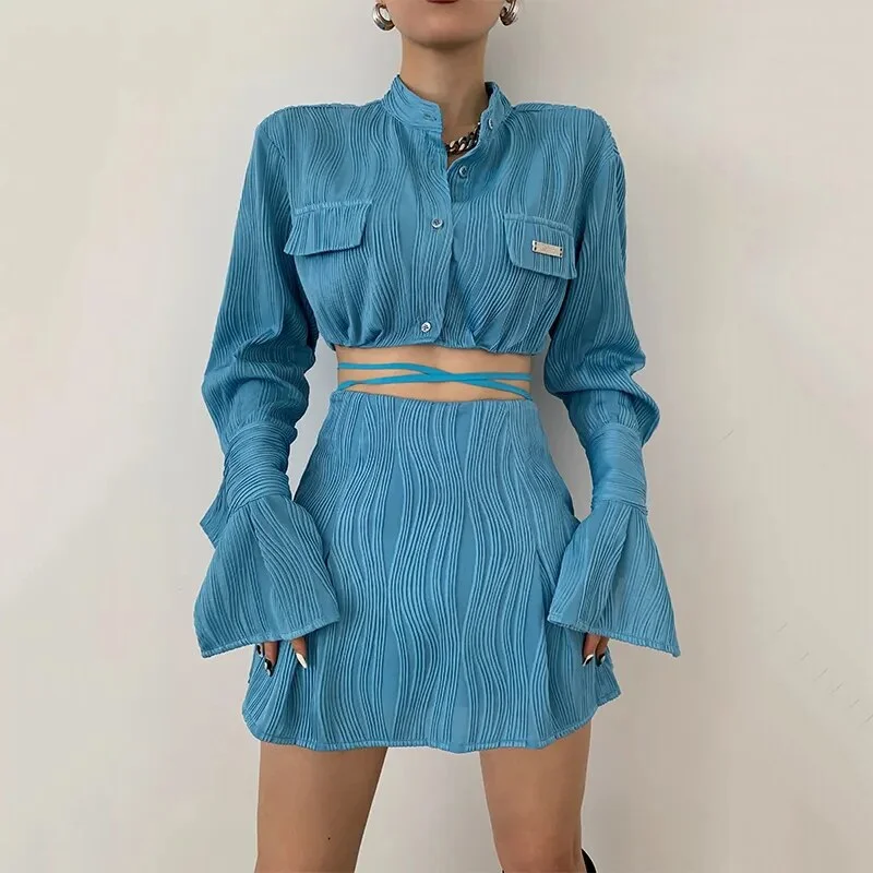 Woherb Sexy High Waist Shirt Strappy Skirt Two-Piece Suit Slim Single Breasted Blouse Women A-line Skirt Summer New suit Ins