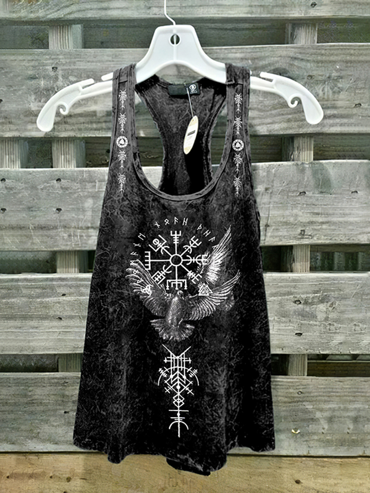 Comstylish Retro Viking Birds Totem Printed Washed Tank Top