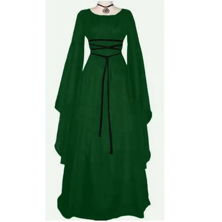 Brownm Sleeve Satin Round Neck Irregular Belt Women's Dress Halloween Costume