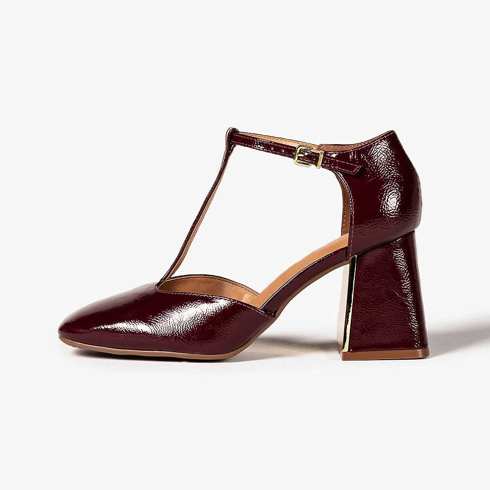 Maroon Square Toe Block Heel Buckled Ankle Strap Pumps Nicepairs