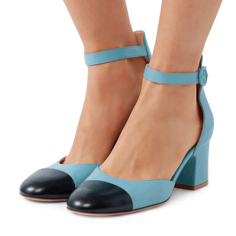 Women's Blue and Black Ankle Strap  Vintage Chunky Heels Pumps Shoes |FSJ Shoes