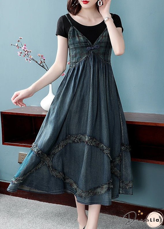 Women Blue Cinched V Neck Patchwork Spaghetti Strap Cotton Denim Dresses Spring