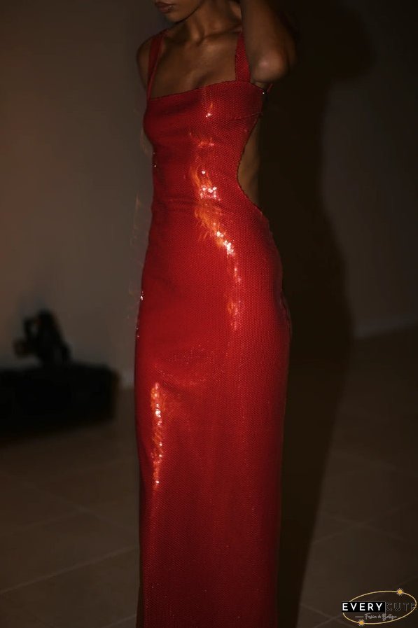 Slim Fit Square Neck Halter Backless Maxi Dress