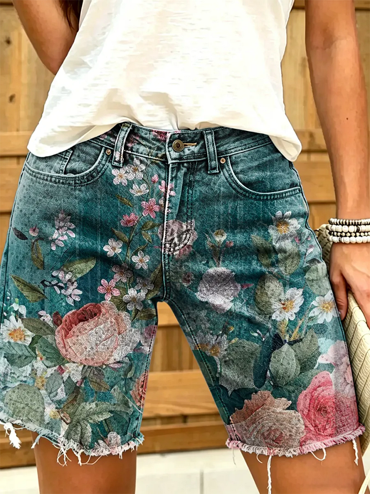 Ethnicity Flowers Women's Art Print Casual Denim Shorts