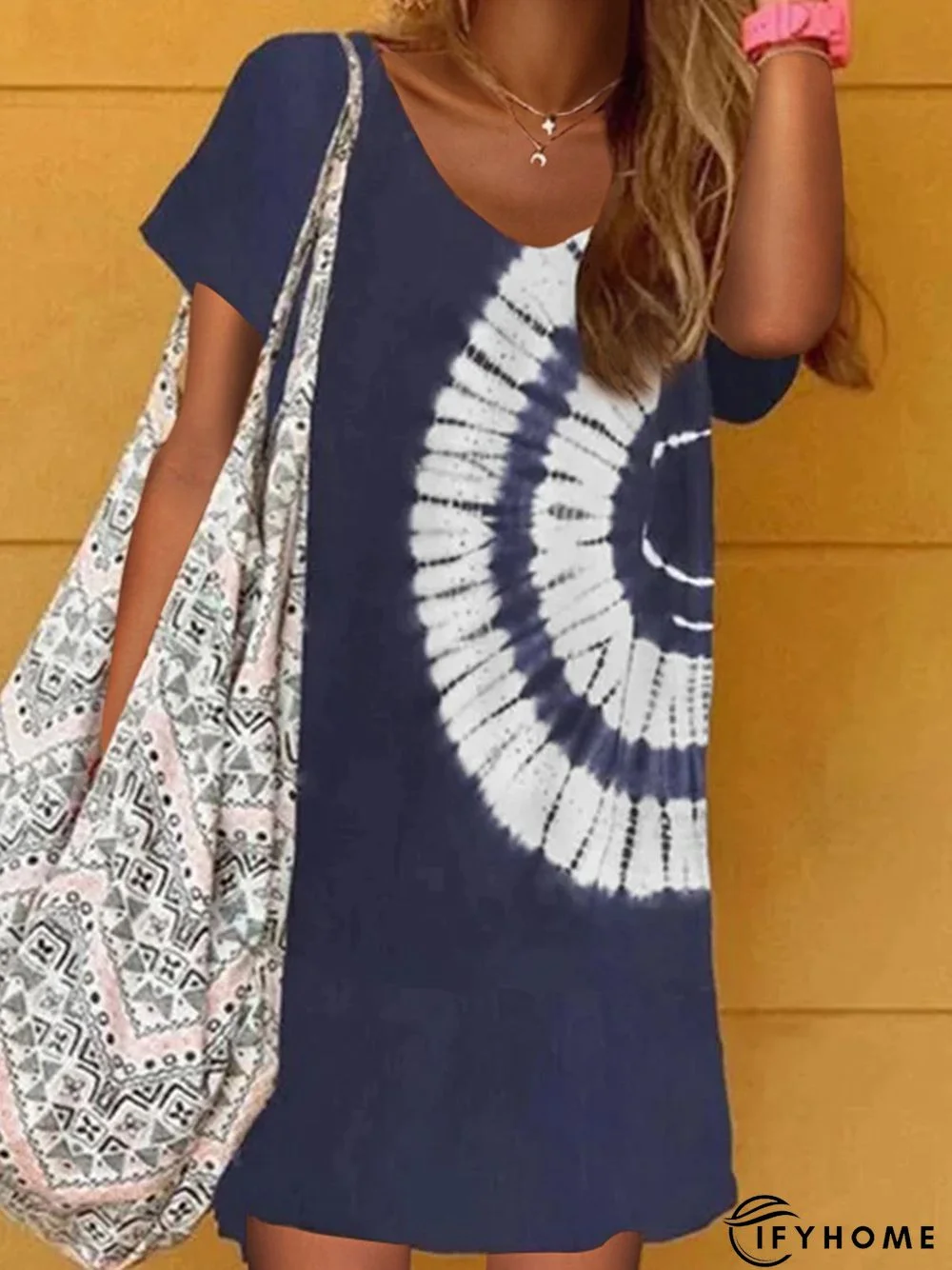 Navy Blue Tie-dye Holiday Daily Printed V neck A-Line Casual Short Sleeve Knitting Dress | IFYHOME