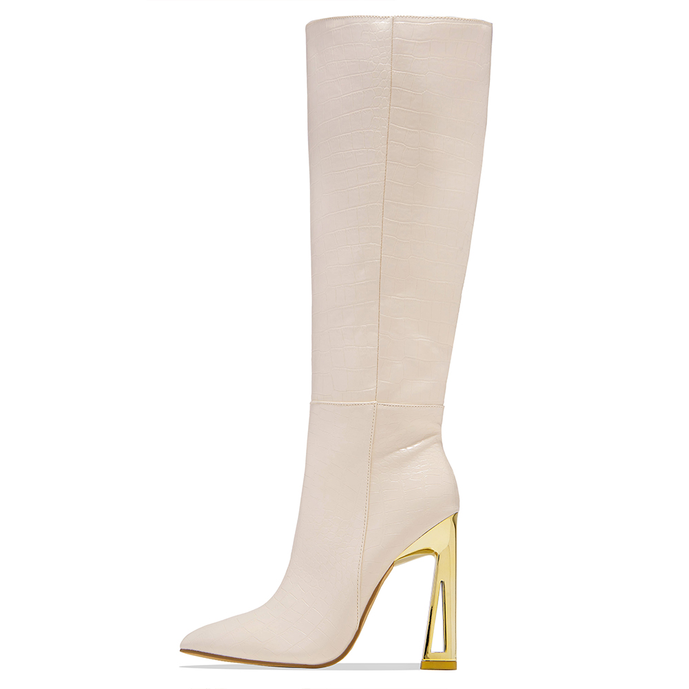 Trendy White Croco Embossed Sculptural Heel Knee High Boots Nicepairs