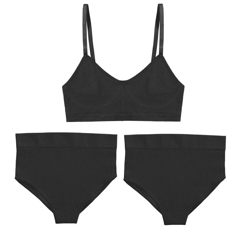 3PCS Bra Set Women Underwear Sexy High Waist Bodyshaper Briefs Thong Panties Female Bralette Lingerie Basic Top Active Brassiere