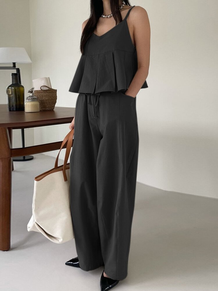 Plain Pleats V Neck Sleeveless Elegant Two Pieces Suit - Shop Trendy Women's Clothing | LoverChic