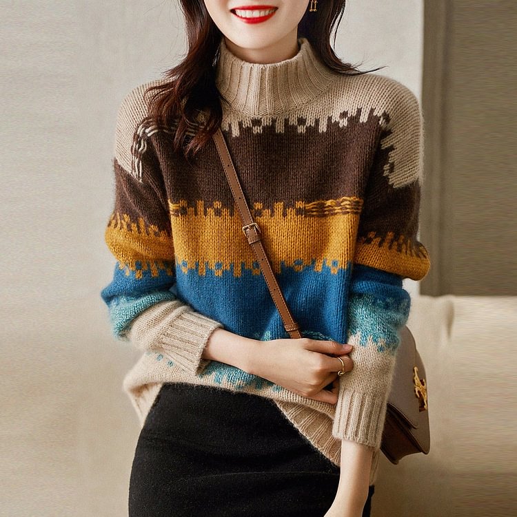 Beige Long Sleeve Shift Stripes Sweater