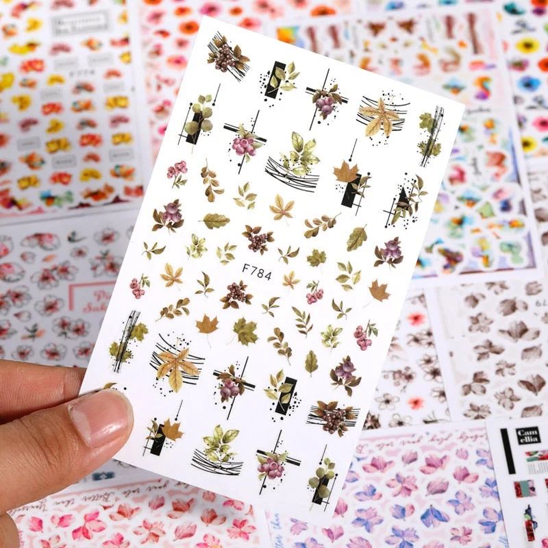 3D Charms Flowers Leaf Nail Foils Stickers Watercolor Abstract Floral Decals Sliders Manicures Nail Art Decorations For Autumn