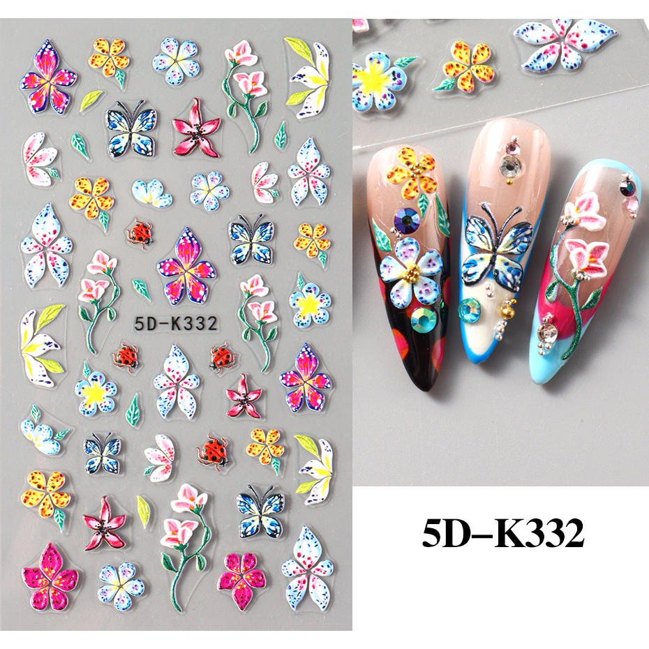 Bonusbad 5D Purple Flower Nail Embossed Sticker Rose Blossom Floral Love Heart Adhesive Decal Valentine's Manicure Slider DIY Accessories