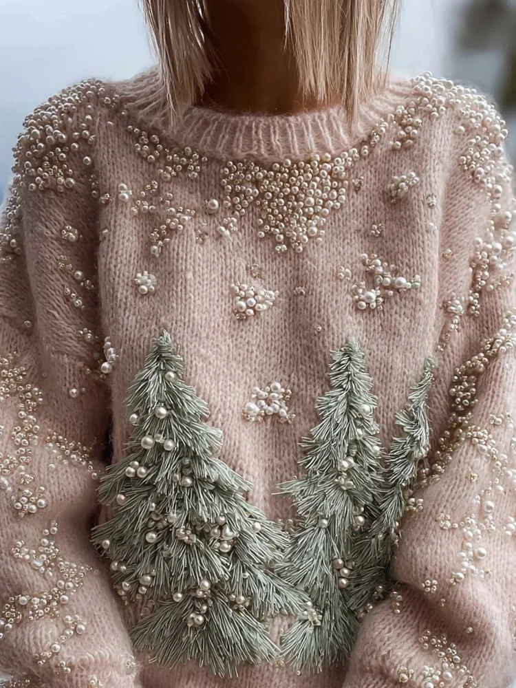 Vintage Pine Trees Embroidered Pink Cozy Sweater