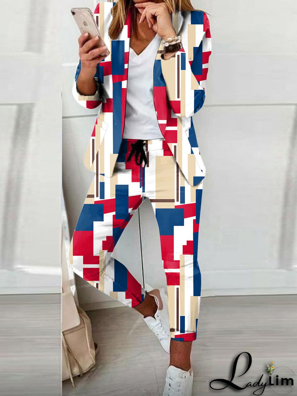 Casual Colorblock Allover Pattern Blazer & Pants 2 Pcs Set