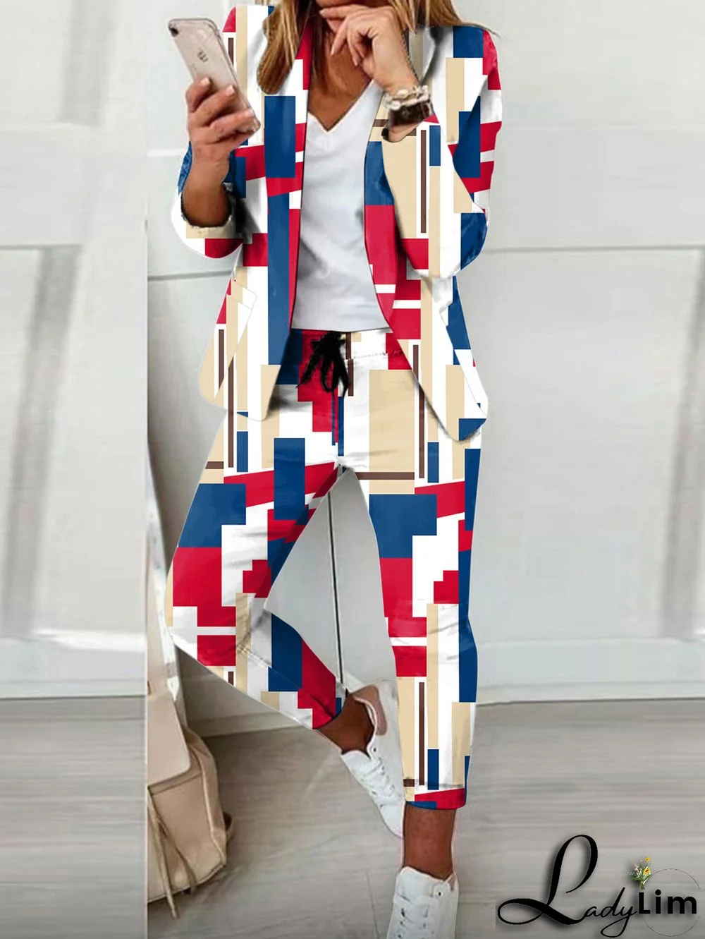 Casual Colorblock Allover Pattern Blazer & Pants 2 Pcs Set