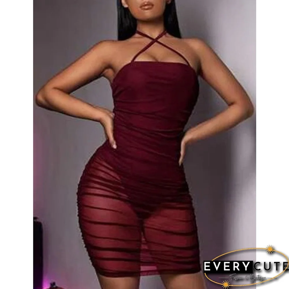 Wine Red Mesh Pleated Off the Shoulder Bodycon Dress