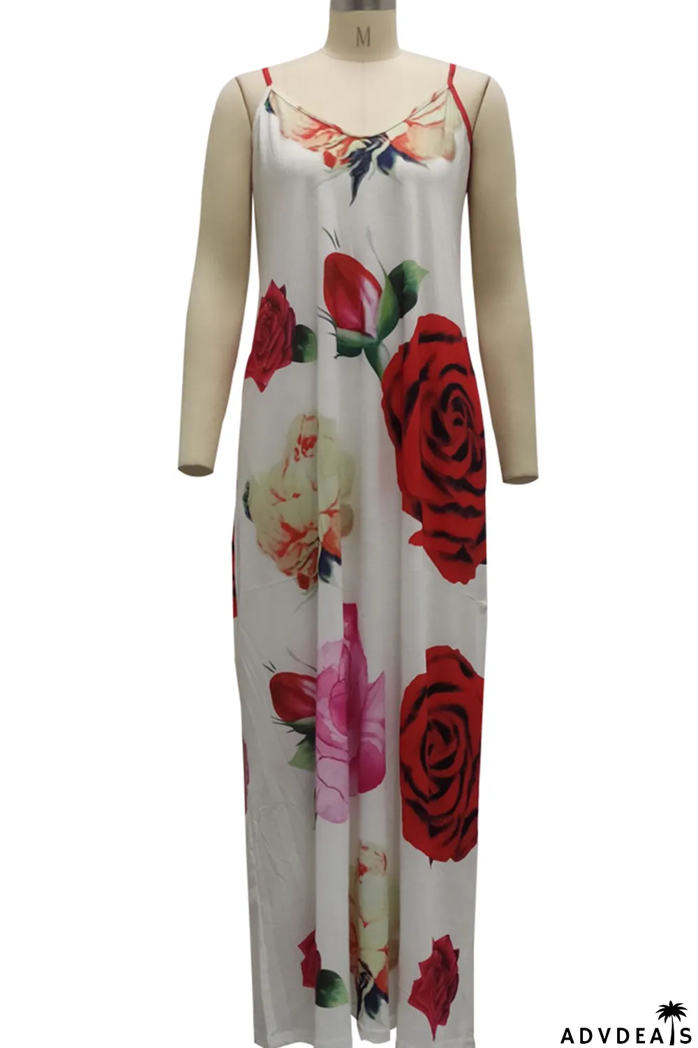 Black Sexy Print Split Joint Spaghetti Strap Straight Dresses