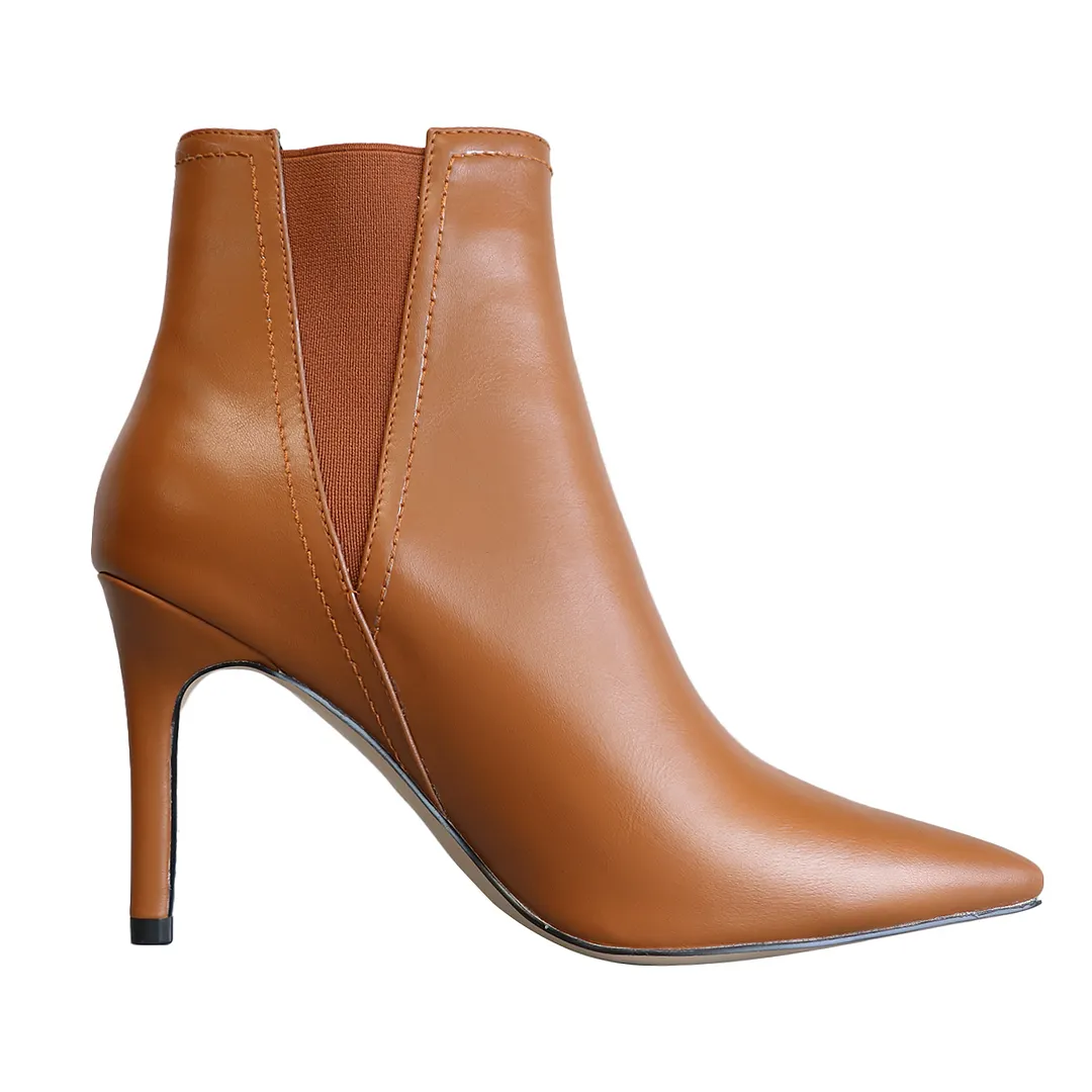 90mm Women Stiletto Middle Heel Pointed Toe Ankle Boots Brown Matte-vocosishoes