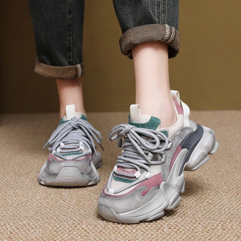 Yyvonne Layer Of Cowhick Thick-Bottomed Old Dad Shoes Autumn New Coloring Sports Single Shoes Leather Casual Shoes