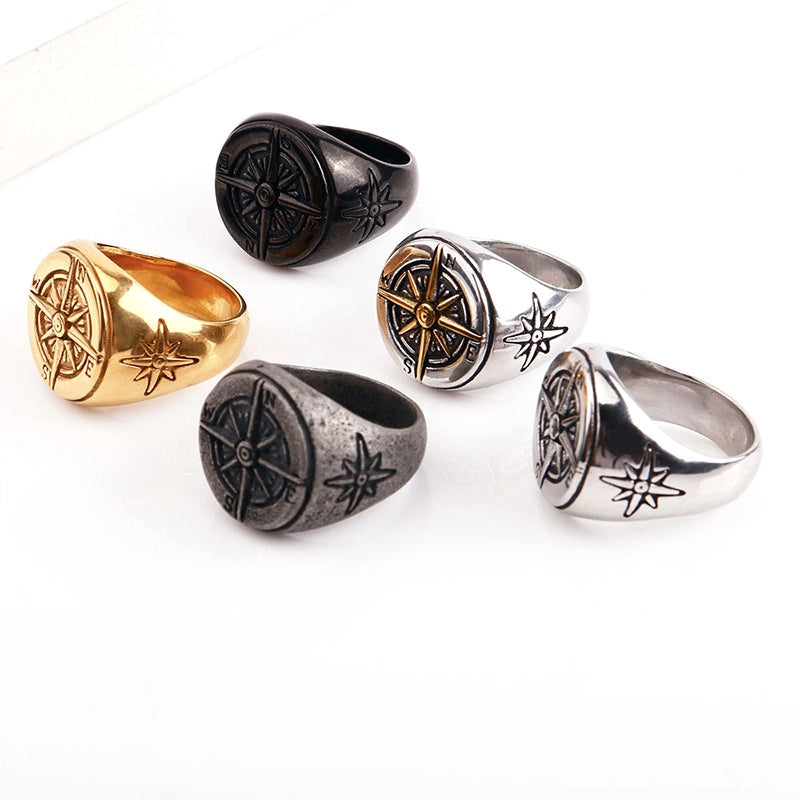 Hip-Hop Compass Titanium Steel Polishing 18K Gold Plated Men’s Rings