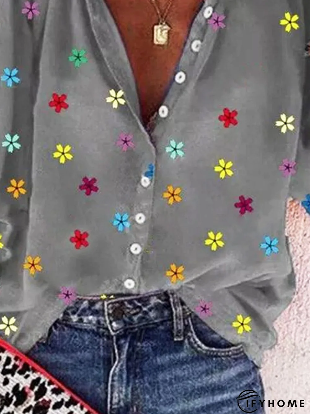 Gray Floral Printed 3/4 Sleeve Stand Collar Casual Shift Blouse | IFYHOME