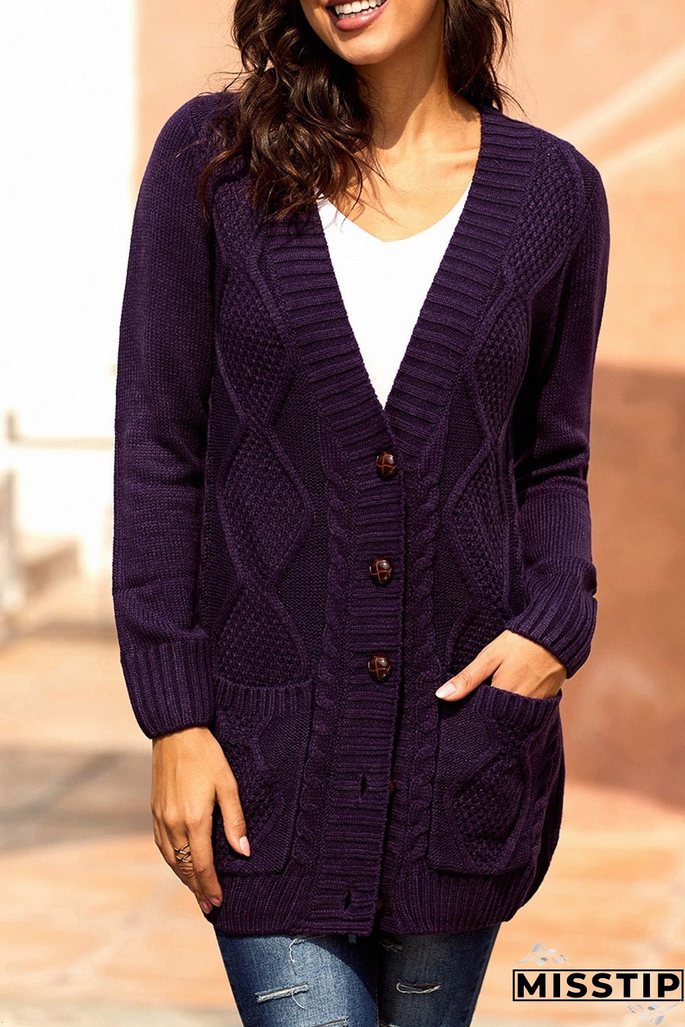 Women Purple Front Pocket And Buttons Closure Cardigan