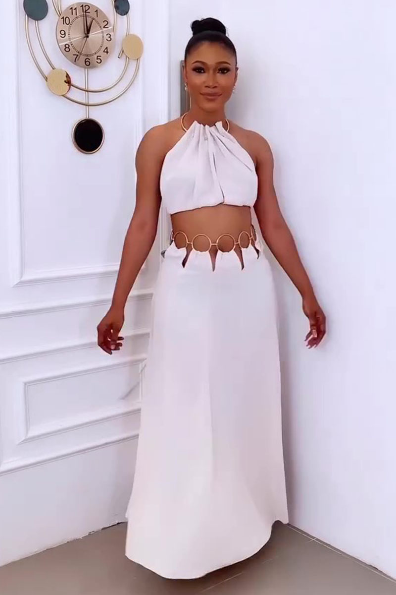 Ruched Halter Crop Top Alloy Ring Maxi Skirt Party 2pcs Set-White [Pre Order]