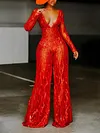 Red Crochet Long Sleeves Jumpsuits