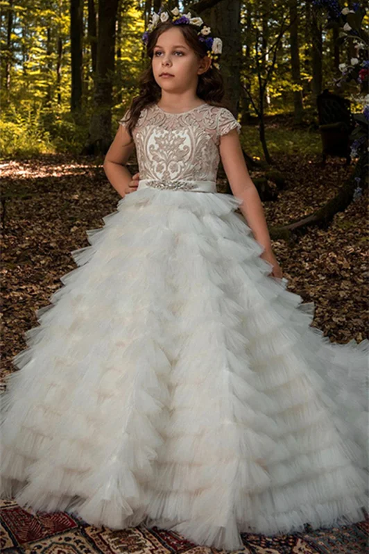 Lovely Lace Appliques Tulle Layers Flower Girl Dress Long With Sleeves - lulusllly