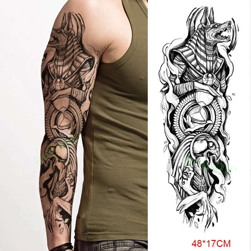 Waterproof Temporary Tattoo Sticker Anubis Ancient Egypt Dog Roma Clock Eye Full Arm Fake Tatto Flash Tatoo Sleeve for Men Women