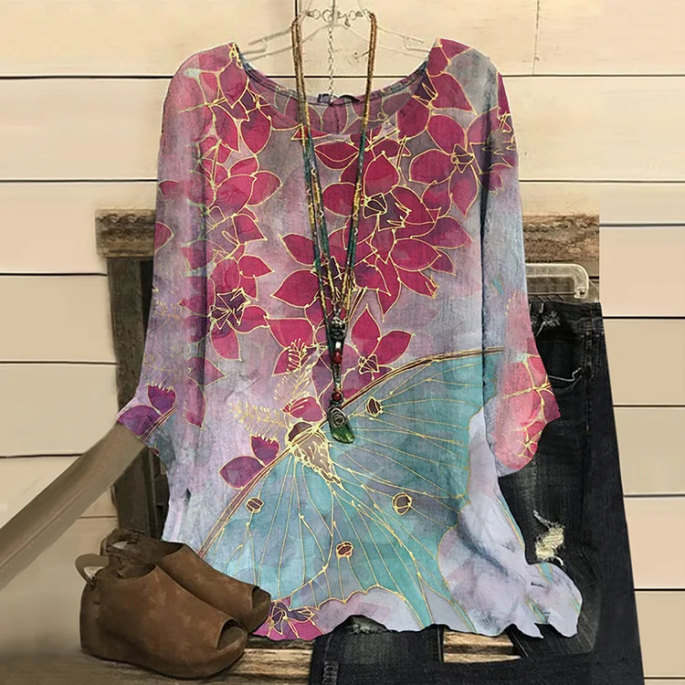 Elegant Moth Floral Print Casual Loose Women's Long Sleeves T-shirt