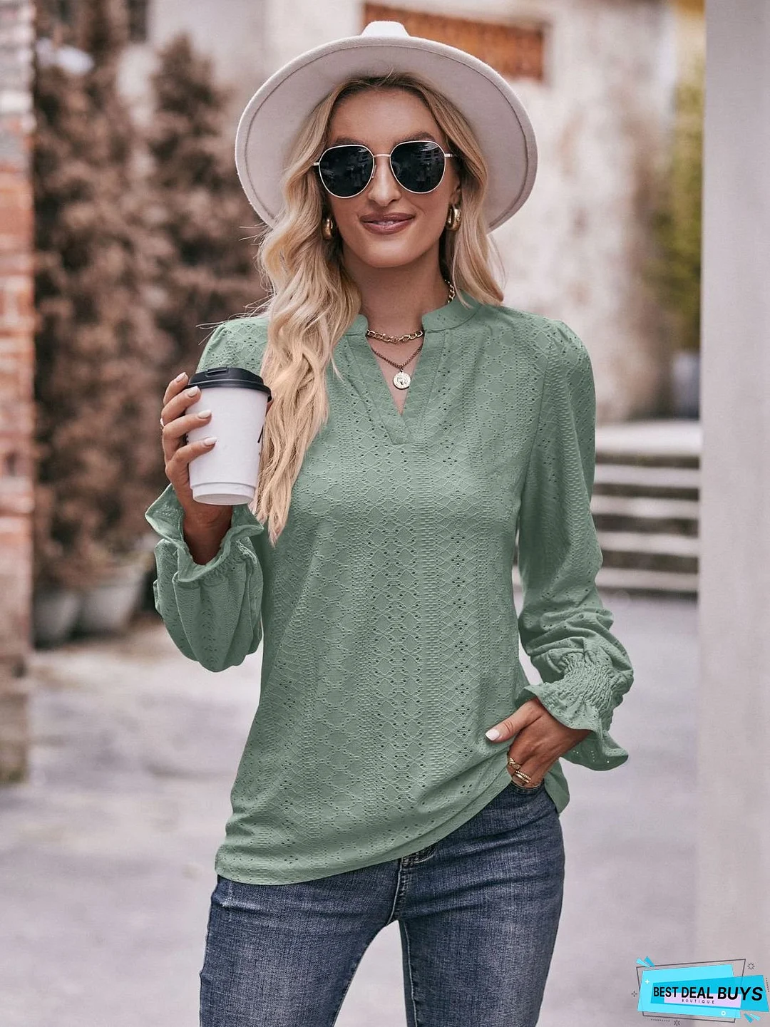 Eyelet Notched Neck Flounce Sleeve Blouse