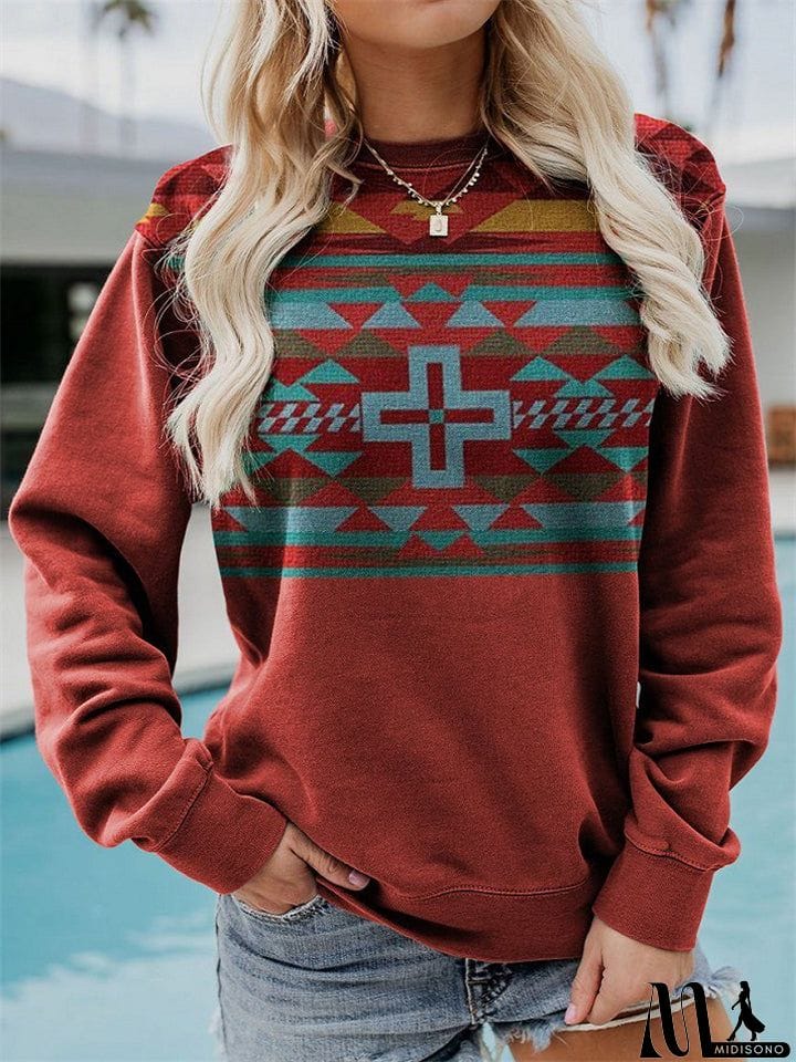 MidiSono - Vintage Printed Round Neck Long Sleeve Shirts For Women