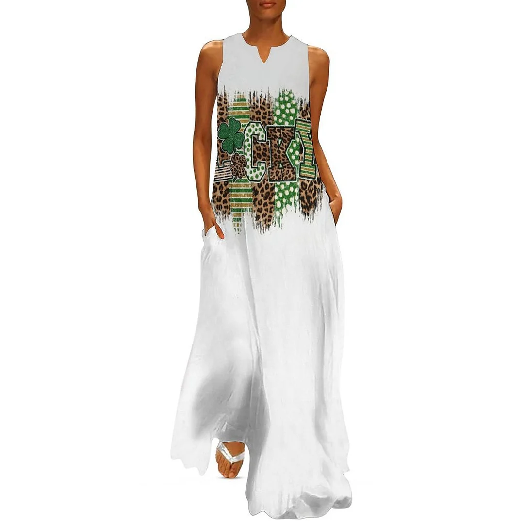 Style & Comfort for Mature Women Plus Size Printed Sleeveless Casual Women Maxi Dress with Pockets in Pattern St. Patrick's Day, Green, Clover, Lucky