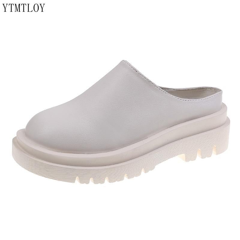 Women Slippers 2021 Summer Fashion Closed Toe Leather Shoes Loafers High Platform Black Heels Mules Ytmtloy Wedges Indoor