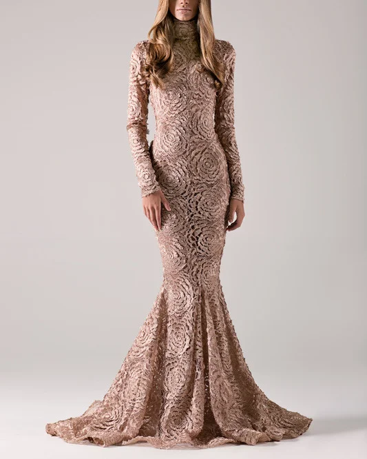 Elegant Spiral Print Turtleneck Mermaid Dress
