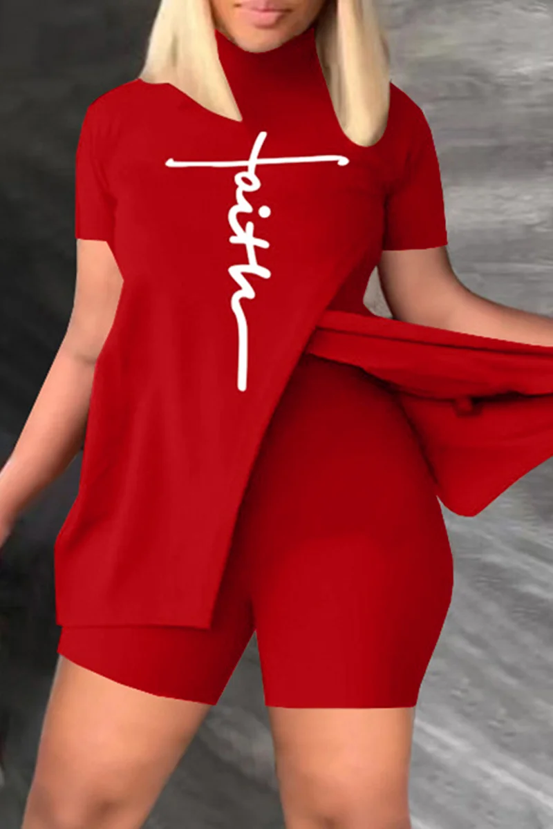 Red Casual Print Slit Turtleneck Short Sleeve Two Pieces