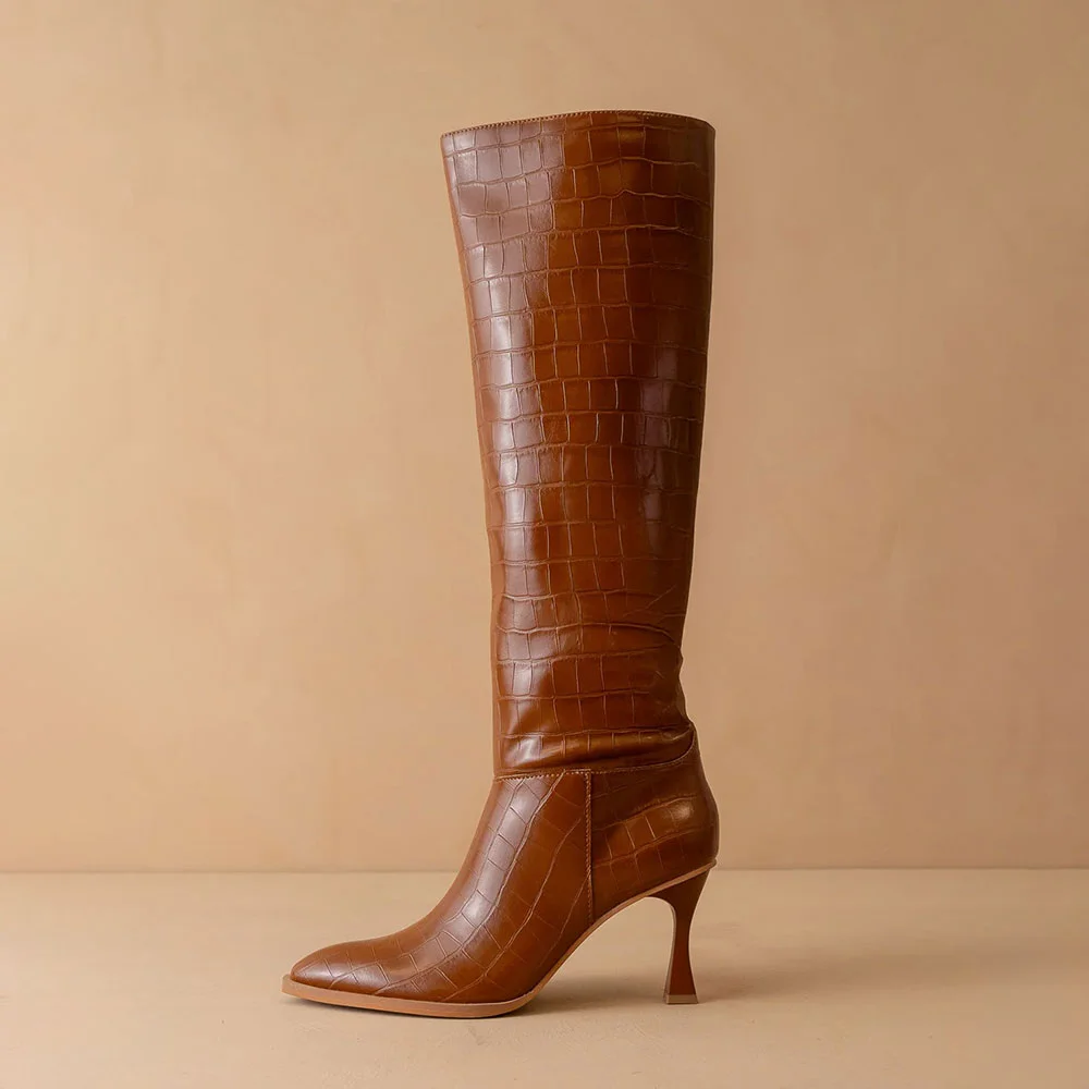 Brown Pointed Toe Stylish Croc-Embossed Knee High Boots for Women