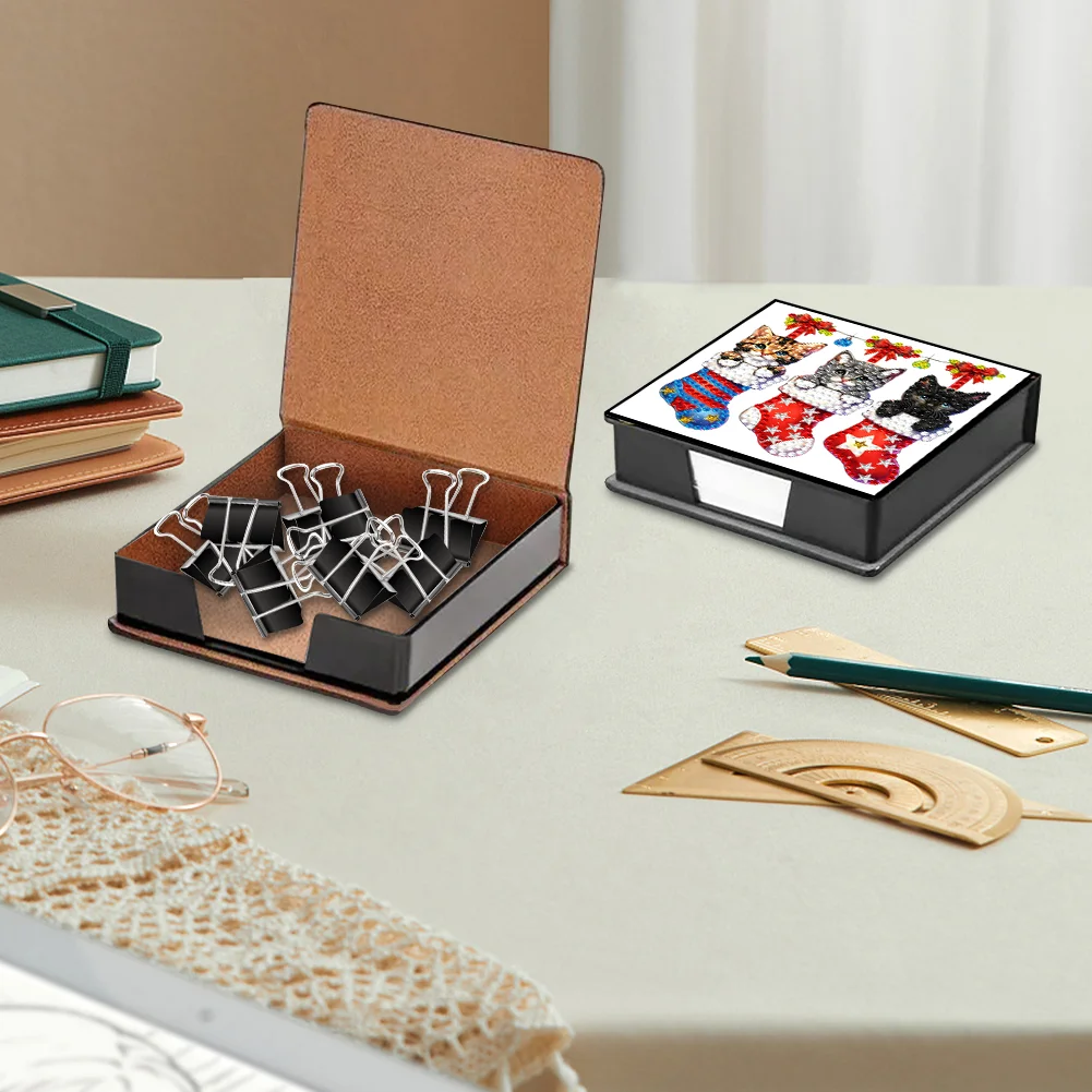 5D DIY PU Diamond Art Note Box with 160 Sheets Paper Mosaic Kit (Kitty Socks)