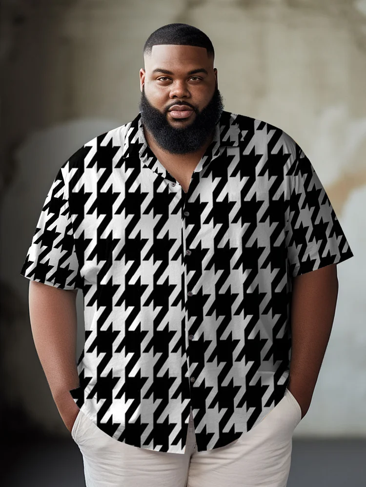 Men's Plus Size Ethnic Houndstooth Check Short Sleeve Shirt