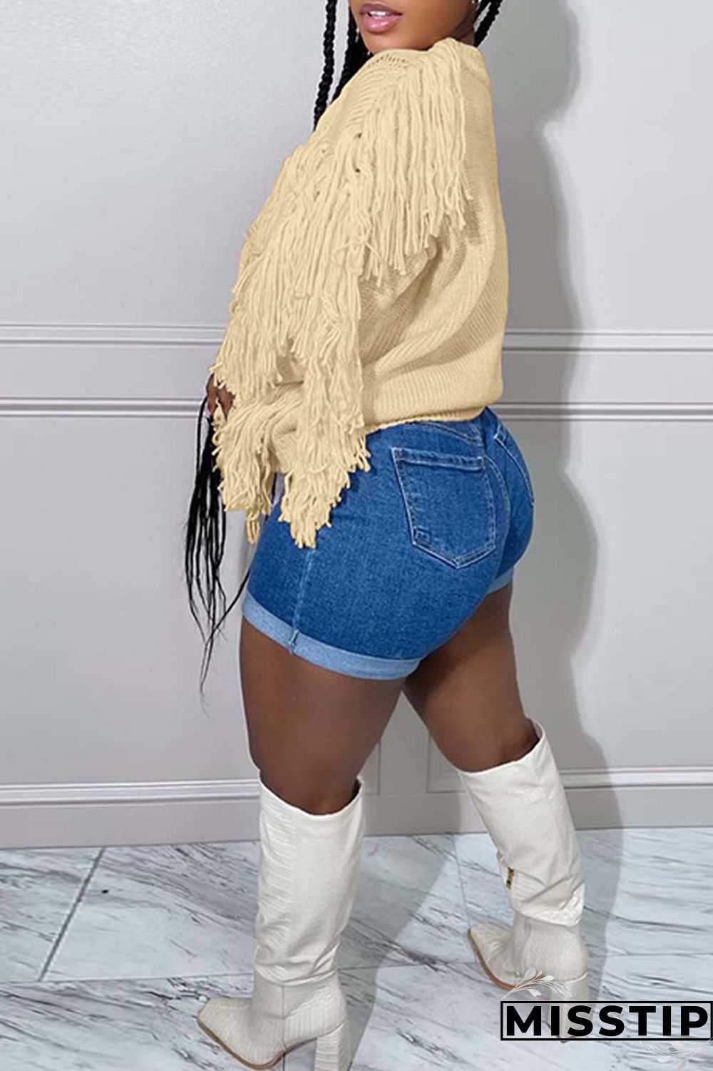 Black Casual Solid Tassel O Neck Tops