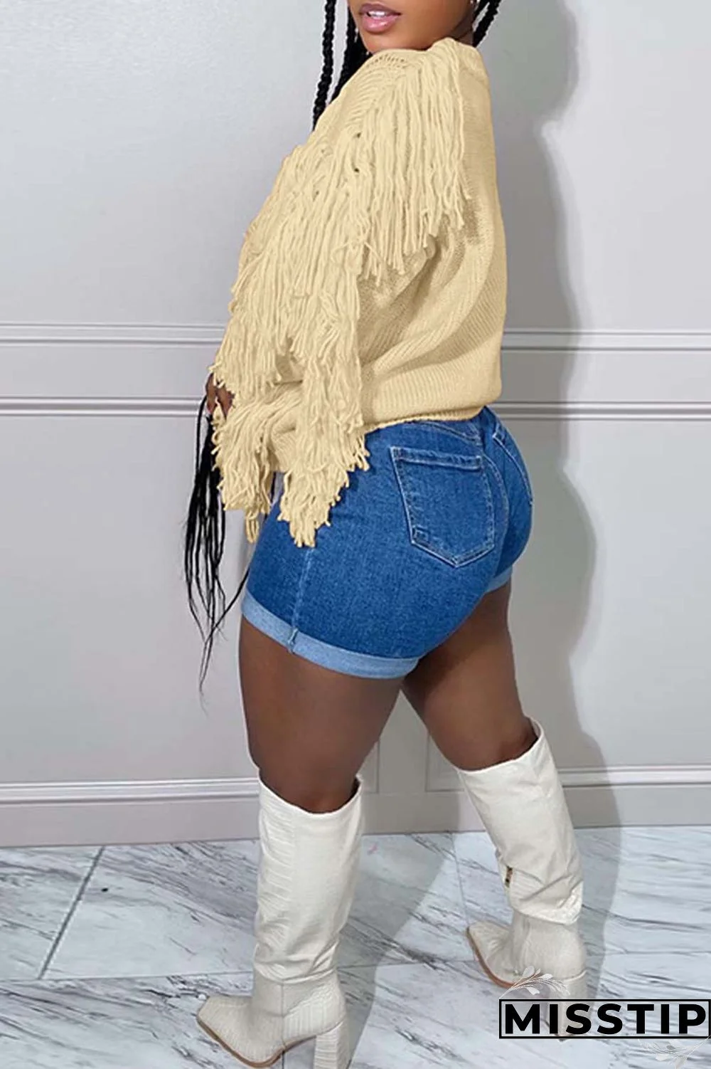 Black Casual Solid Tassel O Neck Tops