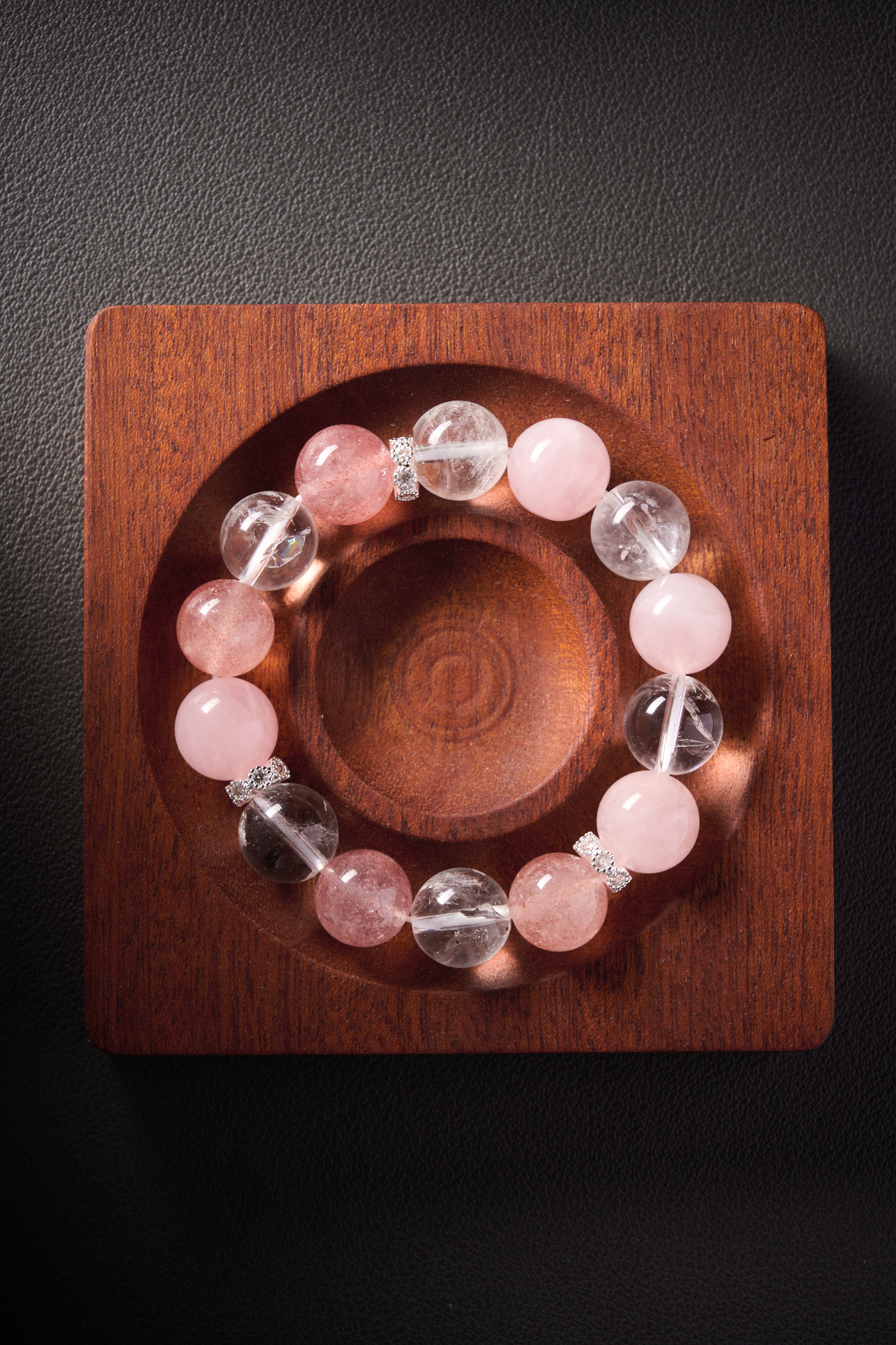 Color mix close-up – rose quartz gentle hue blended with clear quartz clarity, elegant look.