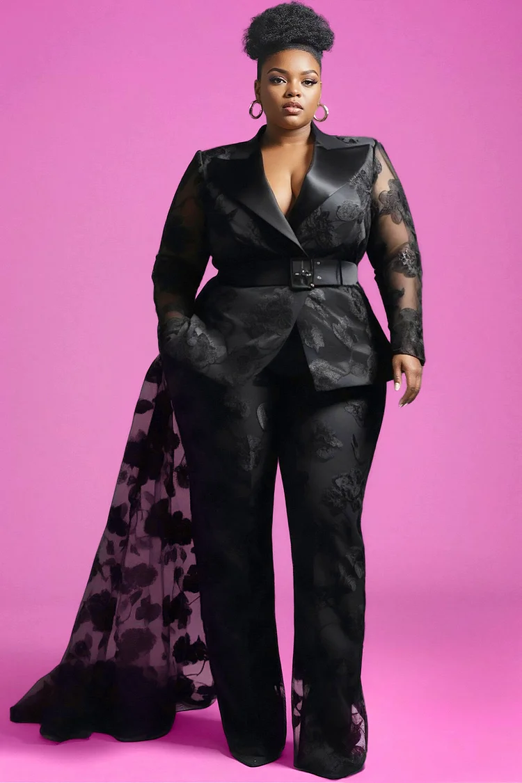 Xpluswear Design Plus Size Formal Black Lapel Collar Long Sleeve See Through Elegant Lace With Skirt Overlay Two Piece Pant Suits [Pre-Order]