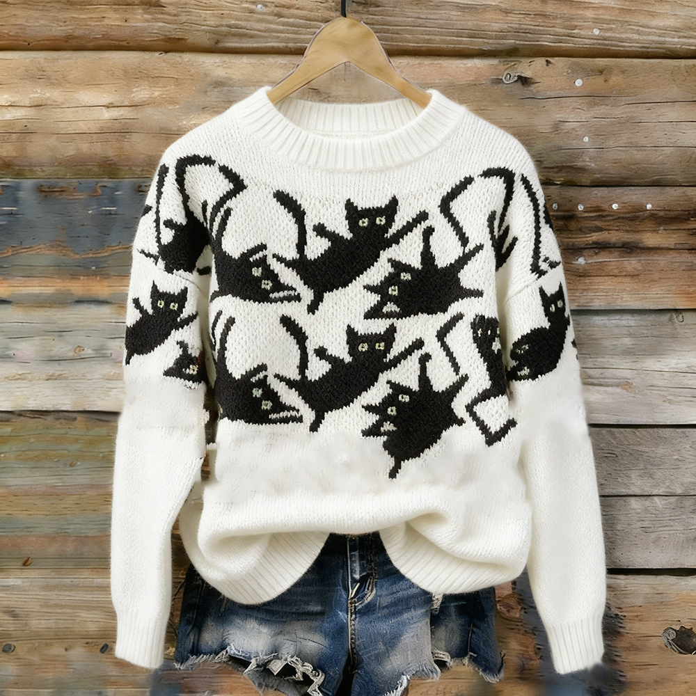 Falling Cat Warm Round-neck Sweater wearshes