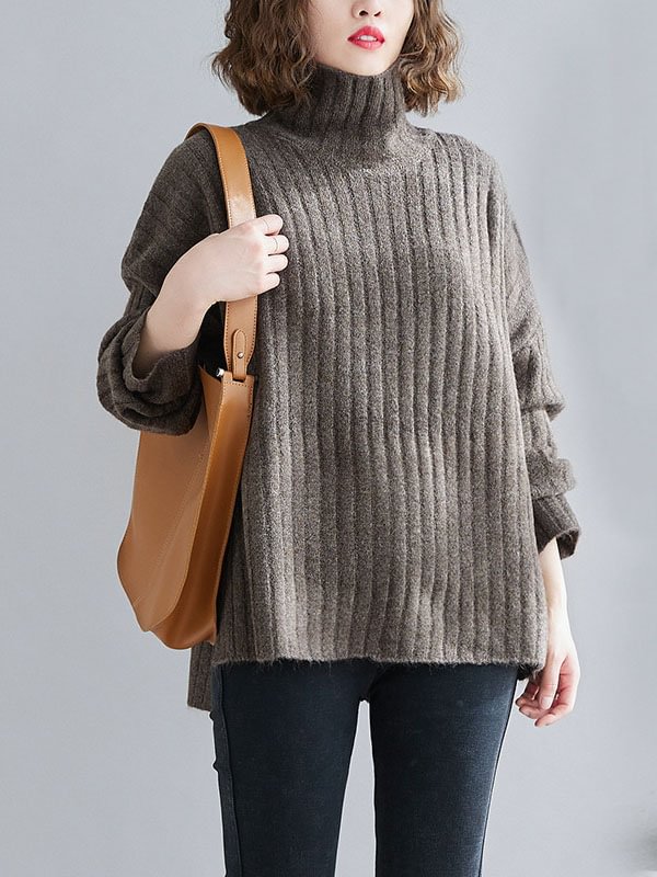 Stylish Solid High-Neck Knitting Sweater