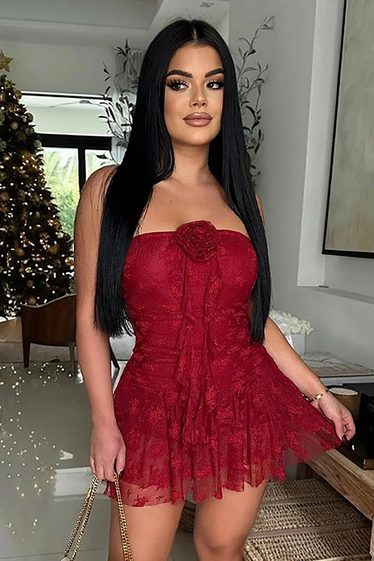 3D Flower Decor Strapless Ruffled Jacquard Lace Playsuit Romper-Red